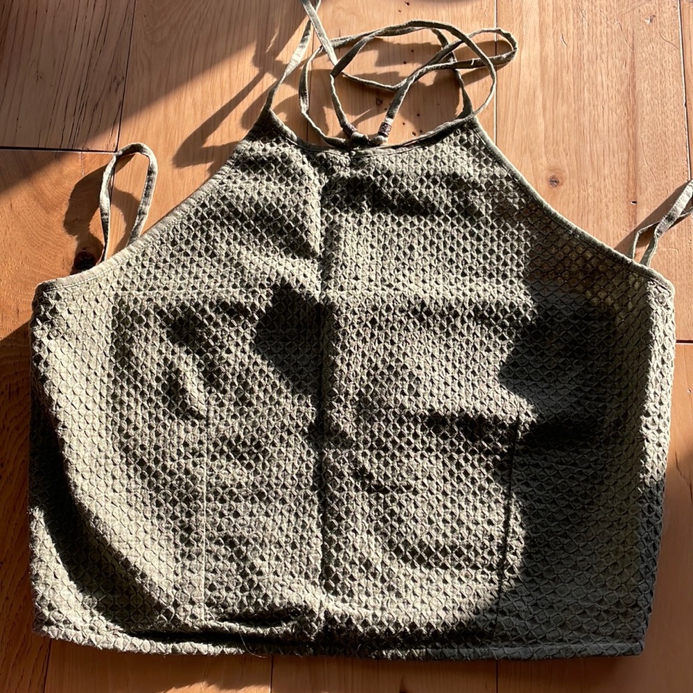Textured cotton, olive halter top with beaded ties